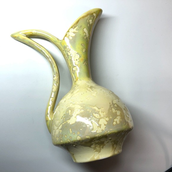 MCM Pottery Vase 7" Green Yellow Luster Weeping Drip Glaze Ewer 50s 60s Pitcher - Picture 4 of 9